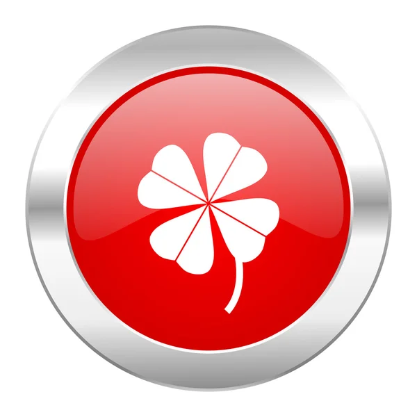 Čtyři - leaf clover červený kruh ikonu chrome web izolované — Stock fotografie