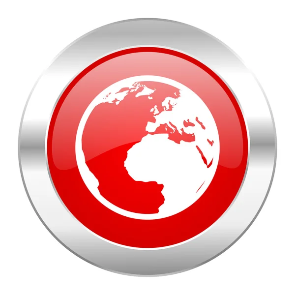 Země červený kruh ikonu chrome web, samostatný — Stock fotografie