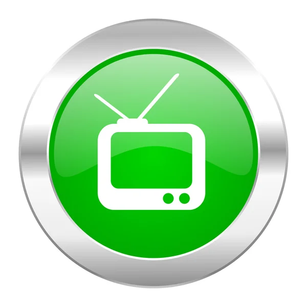 Tv cerchio verde cromato icona web isolato — Foto Stock