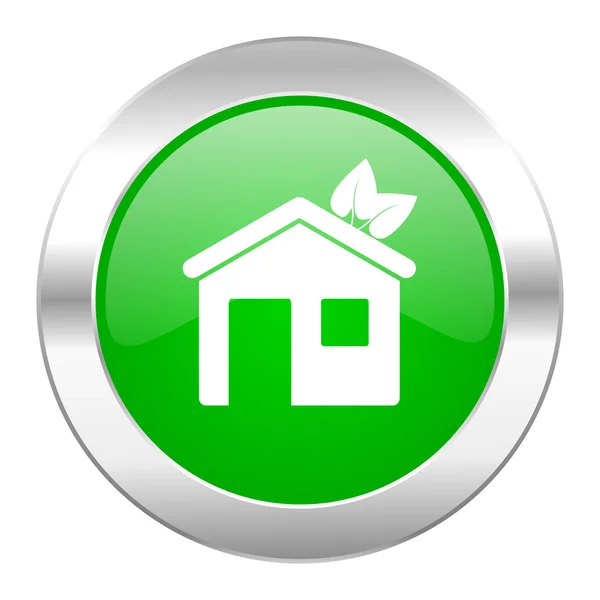 Dům zelený kruh ikonu chrome web, samostatný — Stock fotografie