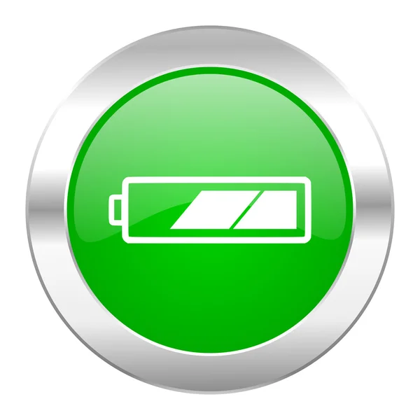 Ikona baterie zelený kruh chrome web, samostatný — Stock fotografie