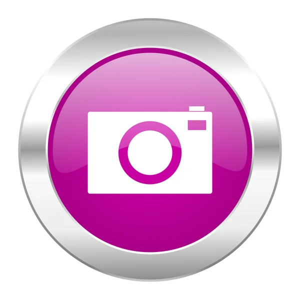 Ikona fotoaparátu fialový kruh chrome web, samostatný — Stock fotografie