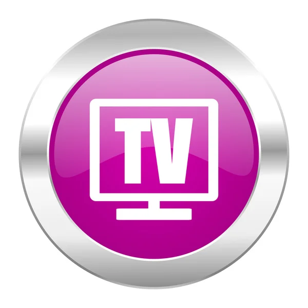 电视紫罗兰色圆镀铬网页图标隔离 — 图库照片