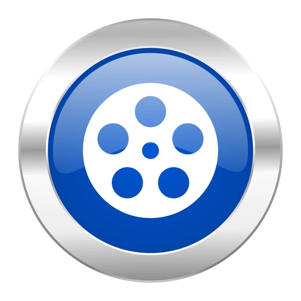Film modrý kruh ikonu chrome web, samostatný — Stock fotografie