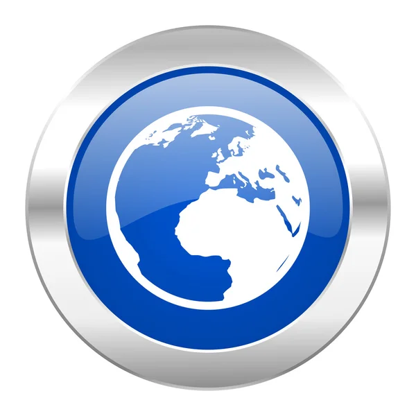 Terra blu cerchio cromato icona web isolato — Foto Stock
