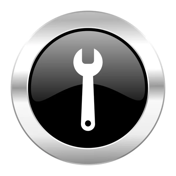 Narzędzia czarne kółko chrom błyszczący ikona na białym tle — Zdjęcie stockowe