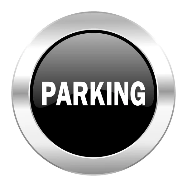 Parking black circle glossy chrome icon isolated — Stock Photo, Image