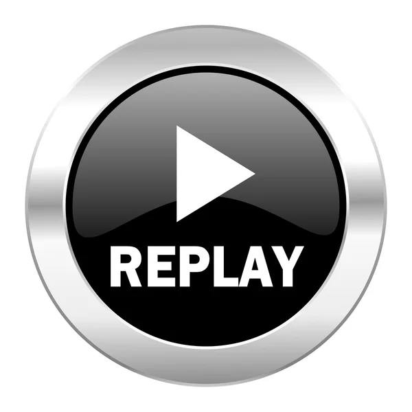Replay black circle glossy chrome icon isolated — Stock Photo, Image