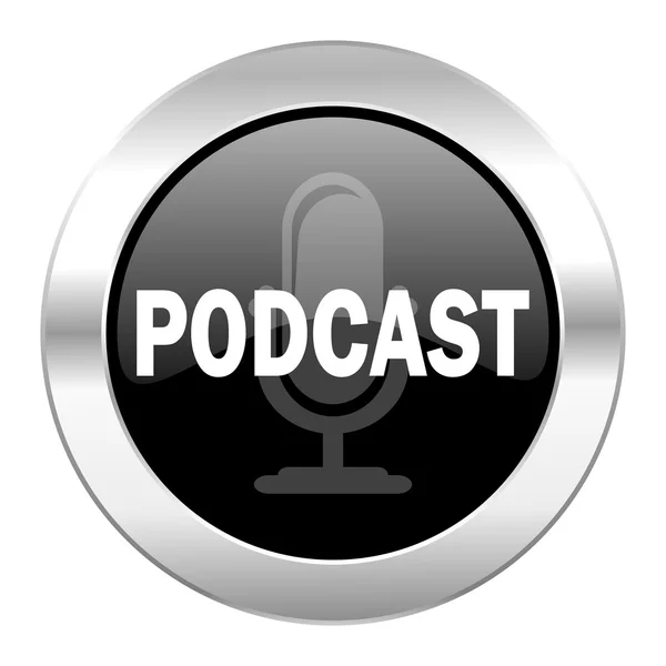 Podcast czarny okrąg chrom błyszczący ikona na białym tle — Zdjęcie stockowe