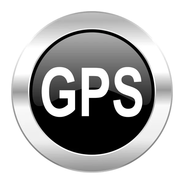 GPS-svart cirkel glansigt chrome ikonen isolerade — Stockfoto