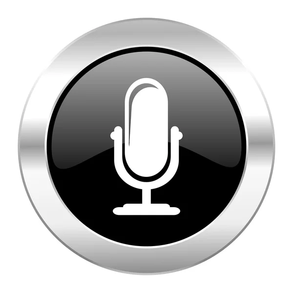 Mikrofon fekete kör fényes króm ikon elszigetelt — Stock Fotó