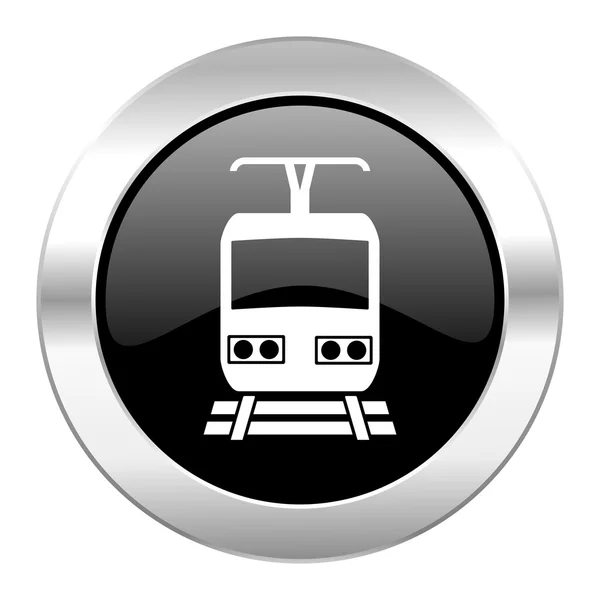 Train black circle glossy chrome icon isolated — Stock Photo, Image