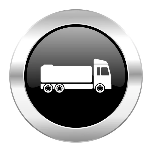 Ciężarówka czarny okrąg chrom błyszczący ikona na białym tle — Zdjęcie stockowe