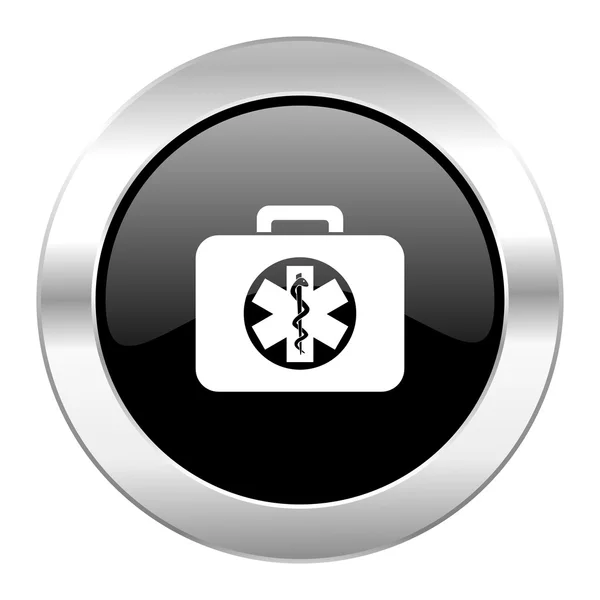 Rescue kit czarne kółko chrom błyszczący ikona na białym tle — Zdjęcie stockowe