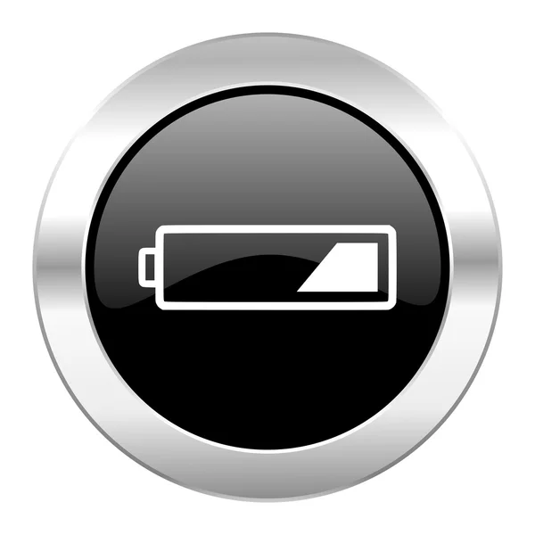 分離された黒バッテリ円光沢のあるクロム アイコン — ストック写真