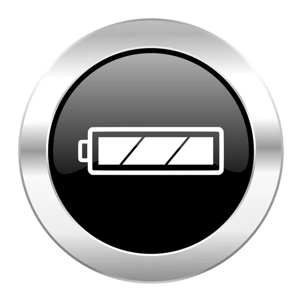 Baterii czarny okrąg chrom błyszczący ikona na białym tle — Zdjęcie stockowe
