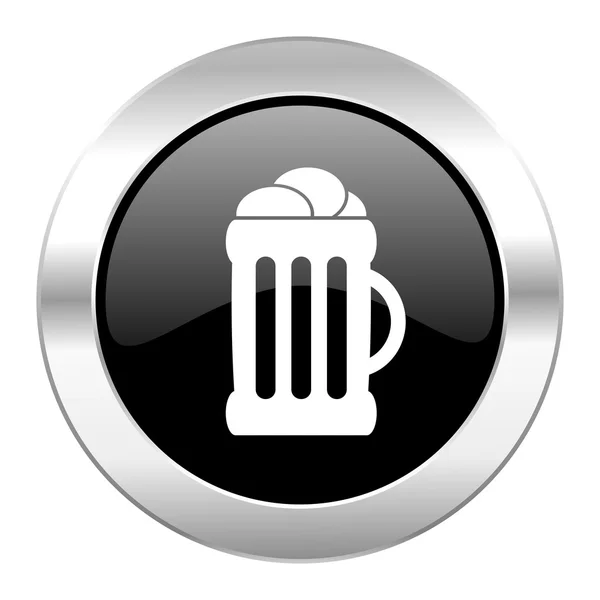 分離された黒ビール円光沢のあるクロム アイコン — ストック写真