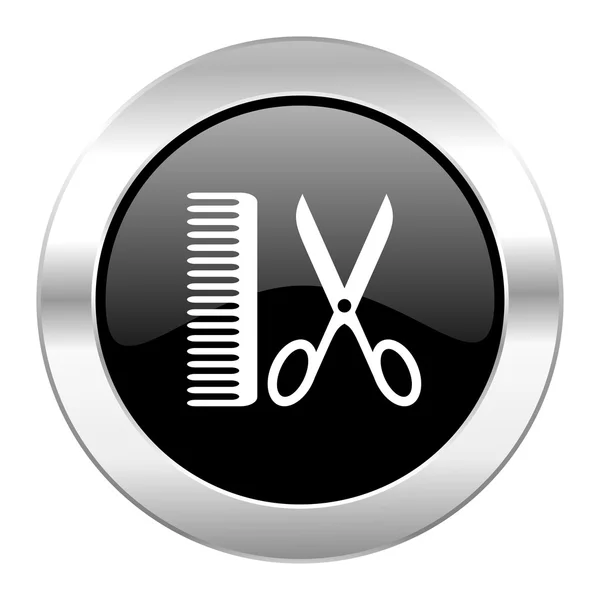 Barber black circle glossy chrome icon isolated — Stock Photo, Image