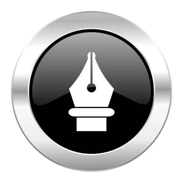 Pen černá KRUHOVÁ lesklý chrom ikona, samostatný — Stock fotografie