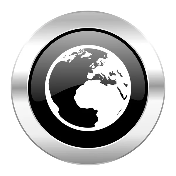 Zwarte cirkel glanzend chroom Wereldbolicoon geïsoleerd — Stockfoto