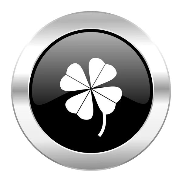 Four-leaf clover black circle glossy chrome icon isolated — Stock Photo, Image