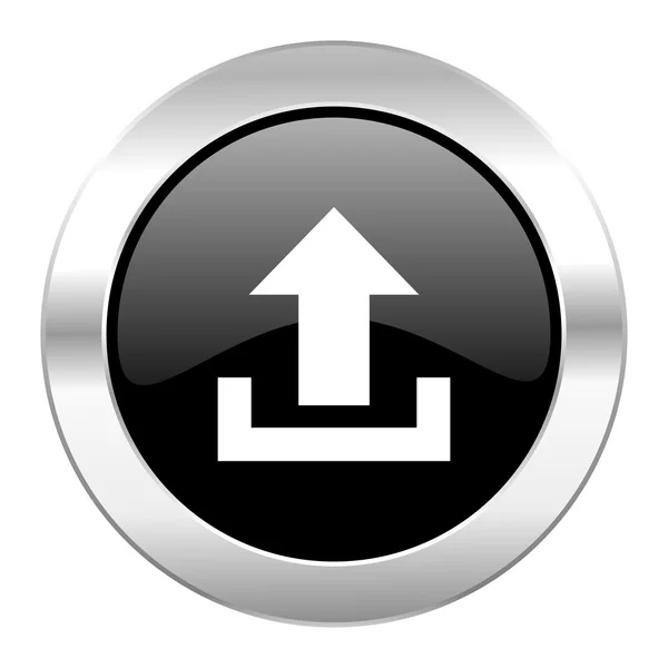Zwarte cirkel glanzend chroom uploadpictogram geïsoleerd — Stockfoto
