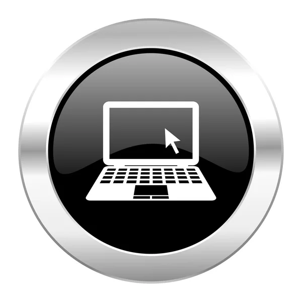 컴퓨터 검은 원 광택 크롬 아이콘 절연 — 스톡 사진