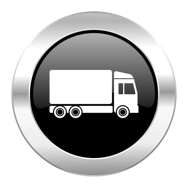 Delivery black circle glossy chrome icon isolated — Stock Photo, Image