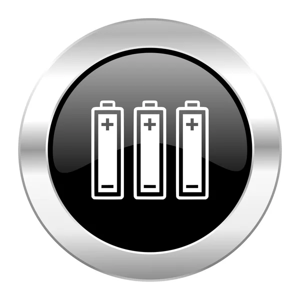 Battery black circle glossy chrome icon isolated — Stock Photo, Image
