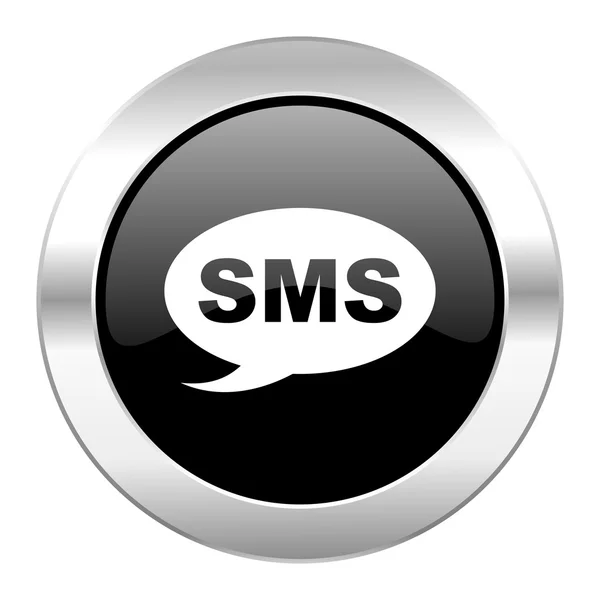 SMS ikona černého kruhu lesklý chrom, samostatný — Stock fotografie