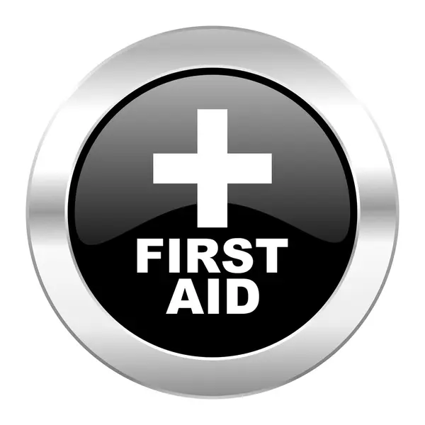 First aid black circle glossy chrome icon isolated — Stock Photo, Image