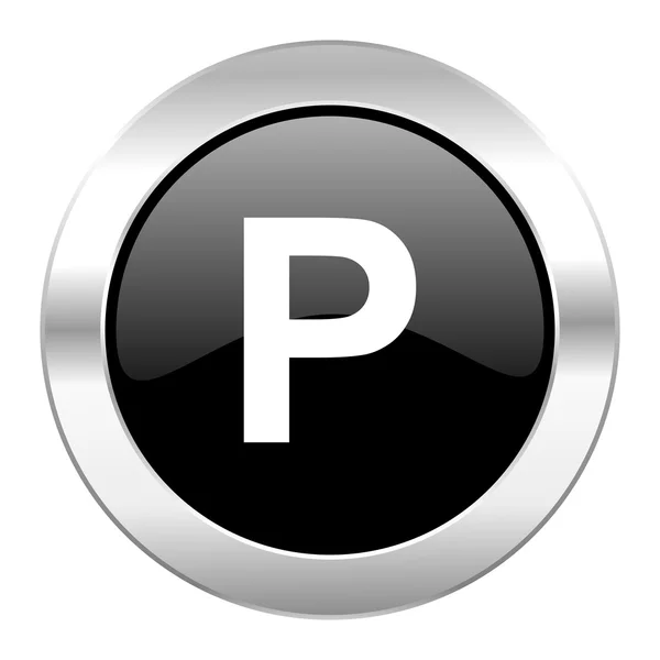 Parking black circle glossy chrome icon isolated — Stock Photo, Image