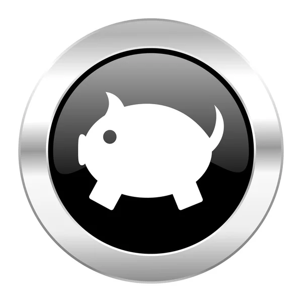 Piggy bank zwarte cirkel glossy chrome-icoon geïsoleerd — Stockfoto