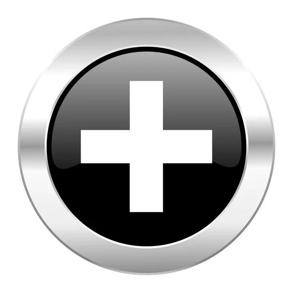 Plus svart cirkel glansigt chrome-ikonen isolerade — Stockfoto