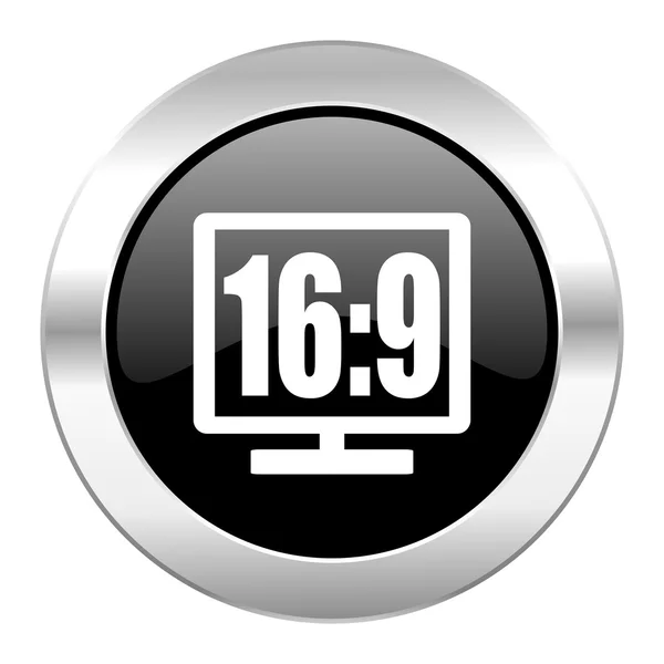 16 9 exibir ícone de cromo brilhante círculo preto isolado — Fotografia de Stock