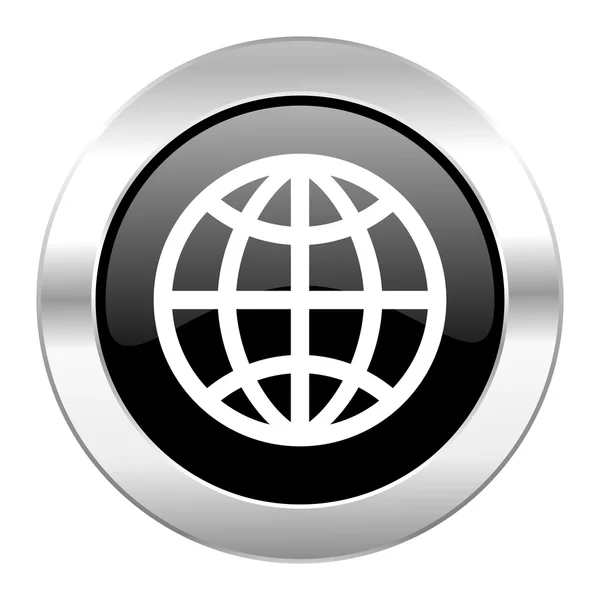 Jorden svart cirkel glansigt chrome-ikonen isolerade — Stockfoto