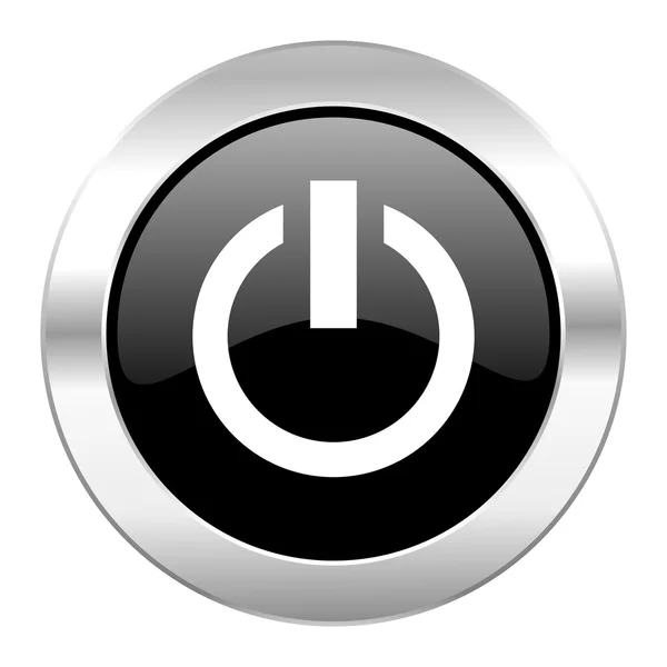 Power black circle glossy chrome icon isolated — Stock Photo, Image
