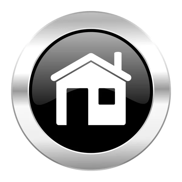 Dům ikona černého kruhu lesklý chrom, samostatný — Stock fotografie