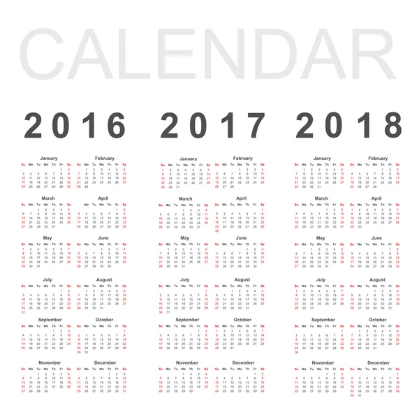 Calendario para los años 2016, 2017 y 2018 — Vector de stock