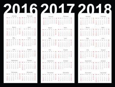 2016, 2017 ve 2018 yıl için takvim