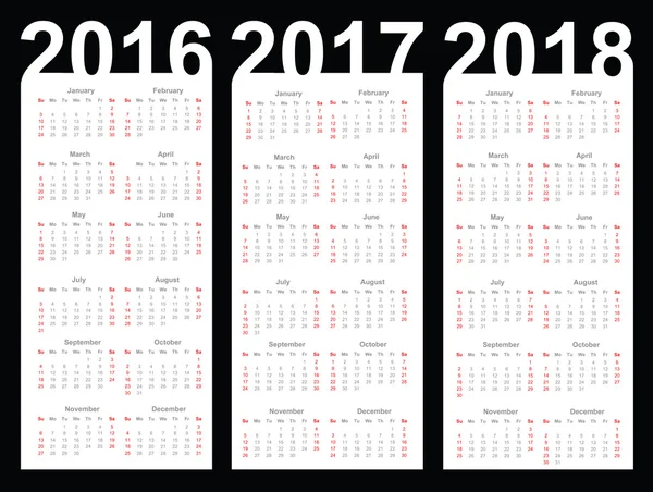 Calendário para 2016, 2017 e 2018 anos — Vetor de Stock