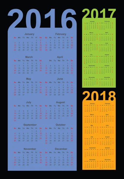 Calendario 2016, 2017 e 2018 anni — Vettoriale Stock