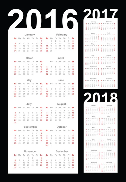 Calendário para 2016, 2017 e 2018 anos — Vetor de Stock