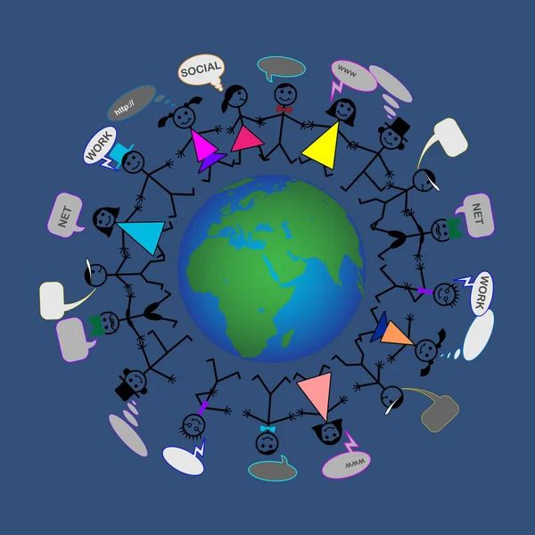 Personnages sociaux mondiaux autour de la terre — Image vectorielle