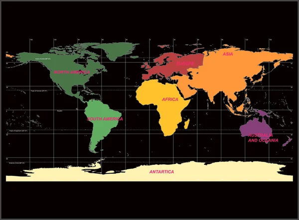 Mapa del mundo con nombres de continentes y países — Vector de stock