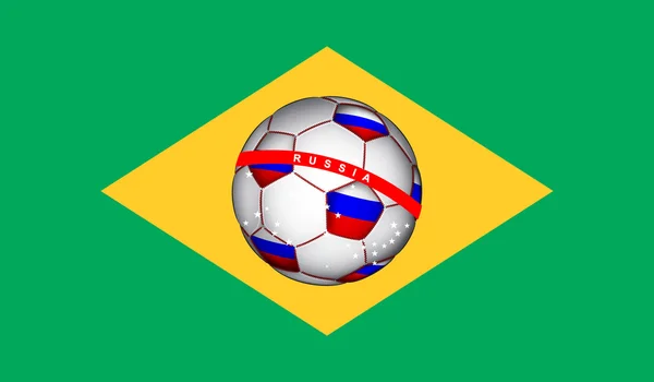 Bandiera brasiliana con pallone da calcio russo — Vettoriale Stock