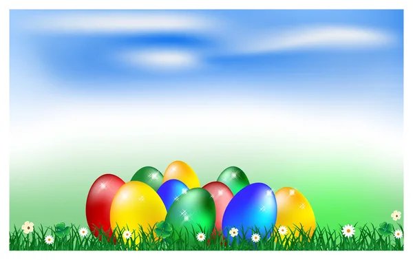 Cartão de Páscoa com ovos e pintos — Vetor de Stock
