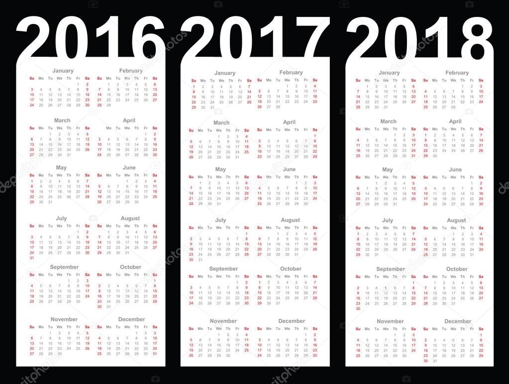 Calendar for 2016, 2017, 2018
