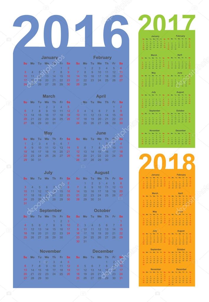 Calendar for 2016, 2017, 2018