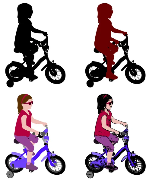 Niña montando bicicleta, silueta e ilustración — Archivo Imágenes Vectoriales